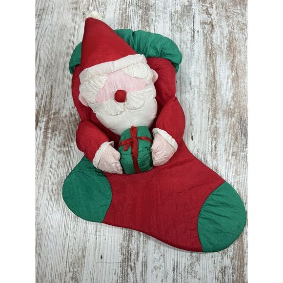 Santa with Present‎ Christmas Stocking Unionsign Ltd 15" Long Nylon Vintage - Picture 1 of 3